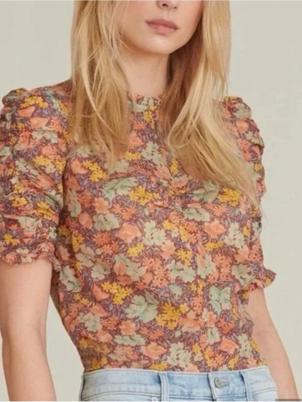 Veronica Beard Floral Puff-Sleeve Blouse in Peach, Yellow & Mint